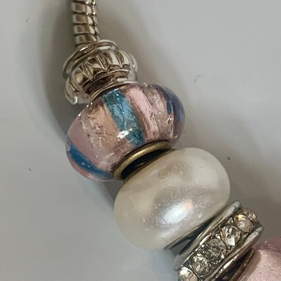 Pink Pearl Rhinestone Slide Charm Bracelet 7" - Picture 6 of 8